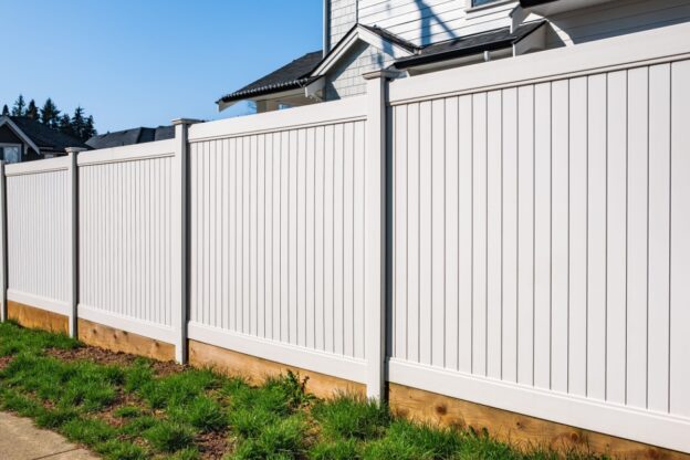 A white fence surrounding a house.